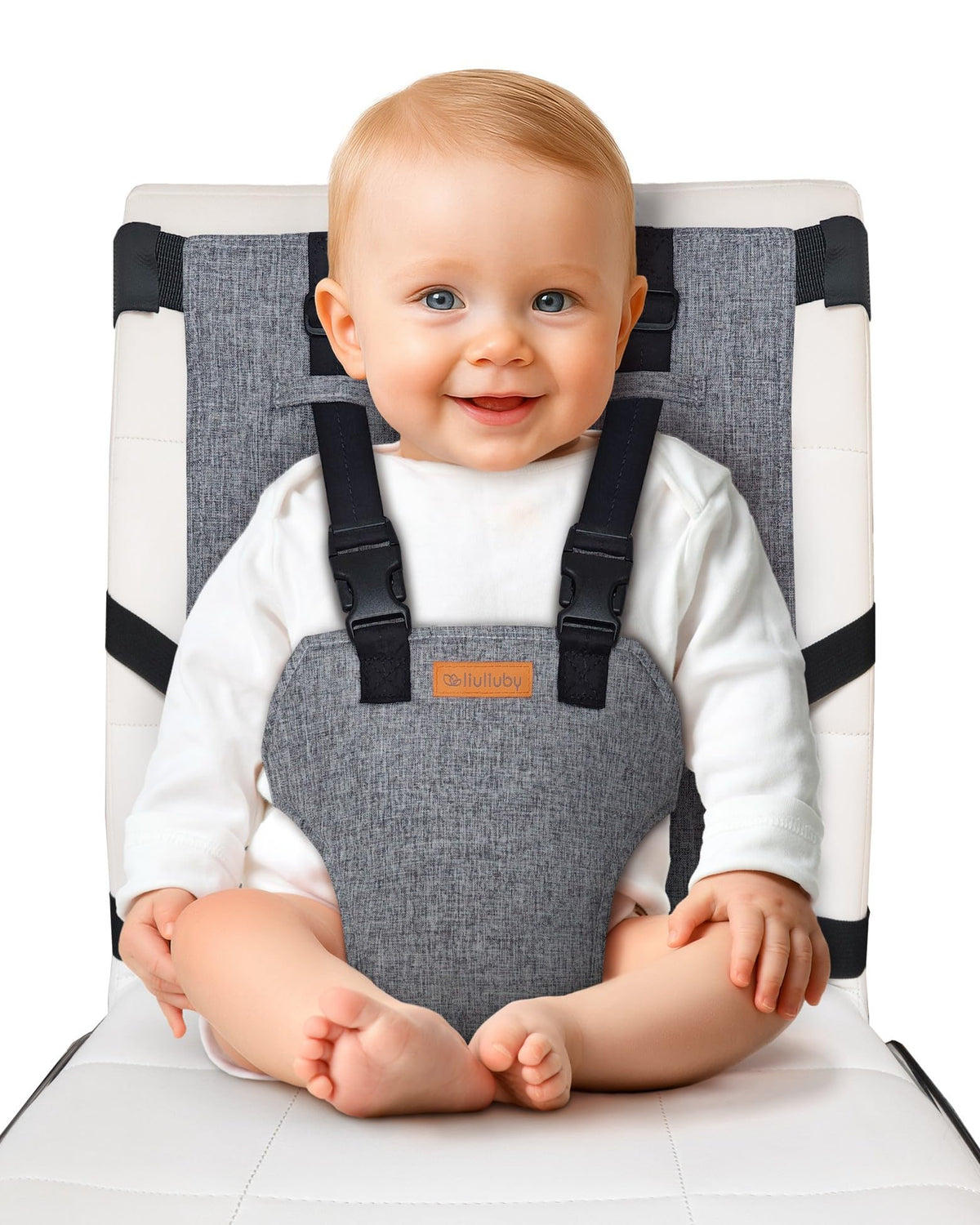 Liuliuby Compact Travel High Chair setup on a chair for quick on-the-go feeding.