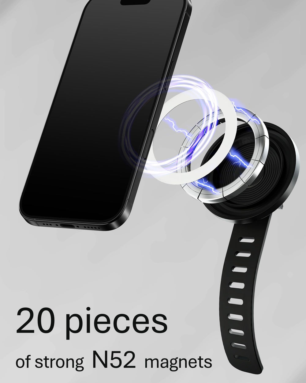 Rubber strap clamps tight on round stroller bars for stable smartphone use
