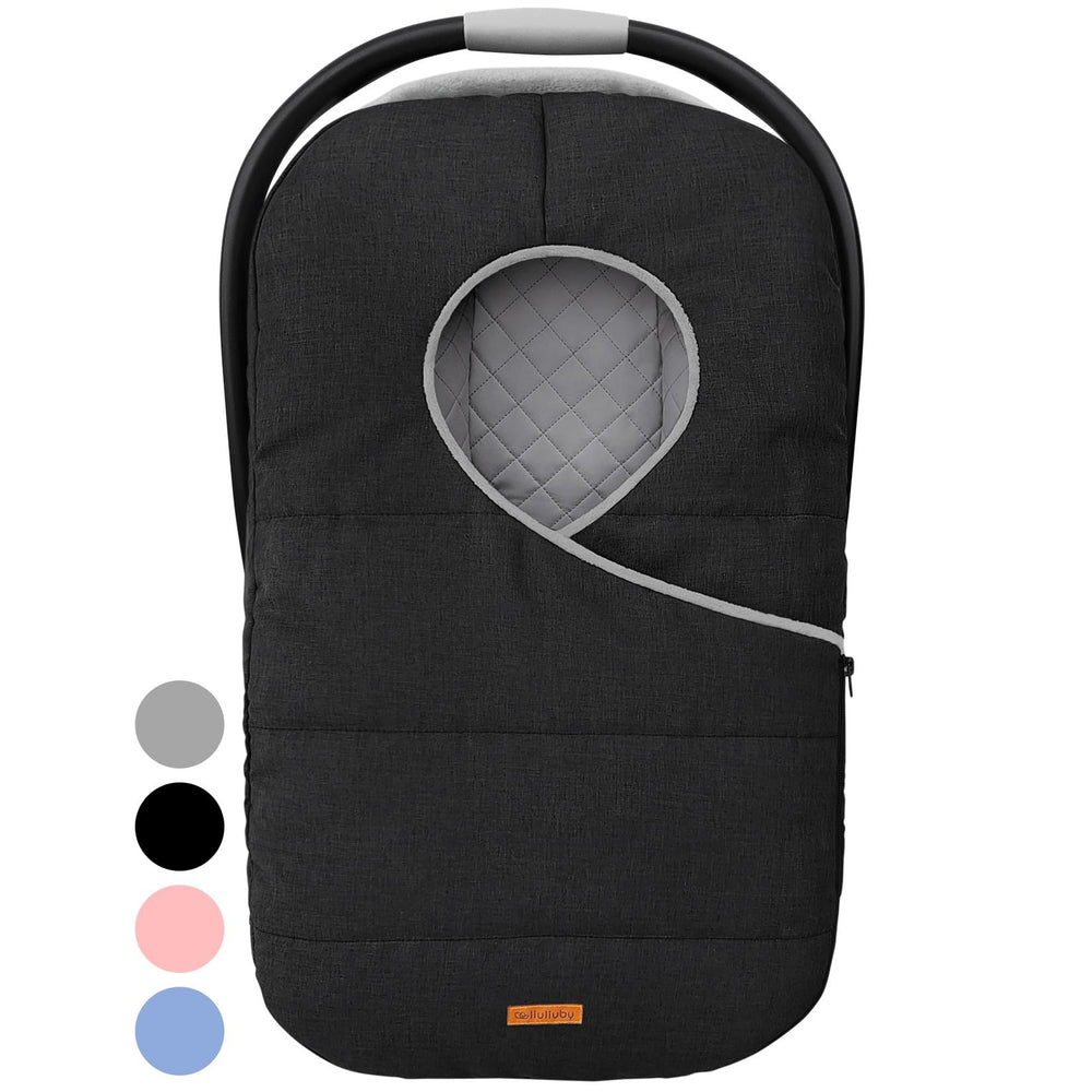 liuliuby winter carseat cover showing full baby protection on a cold ride