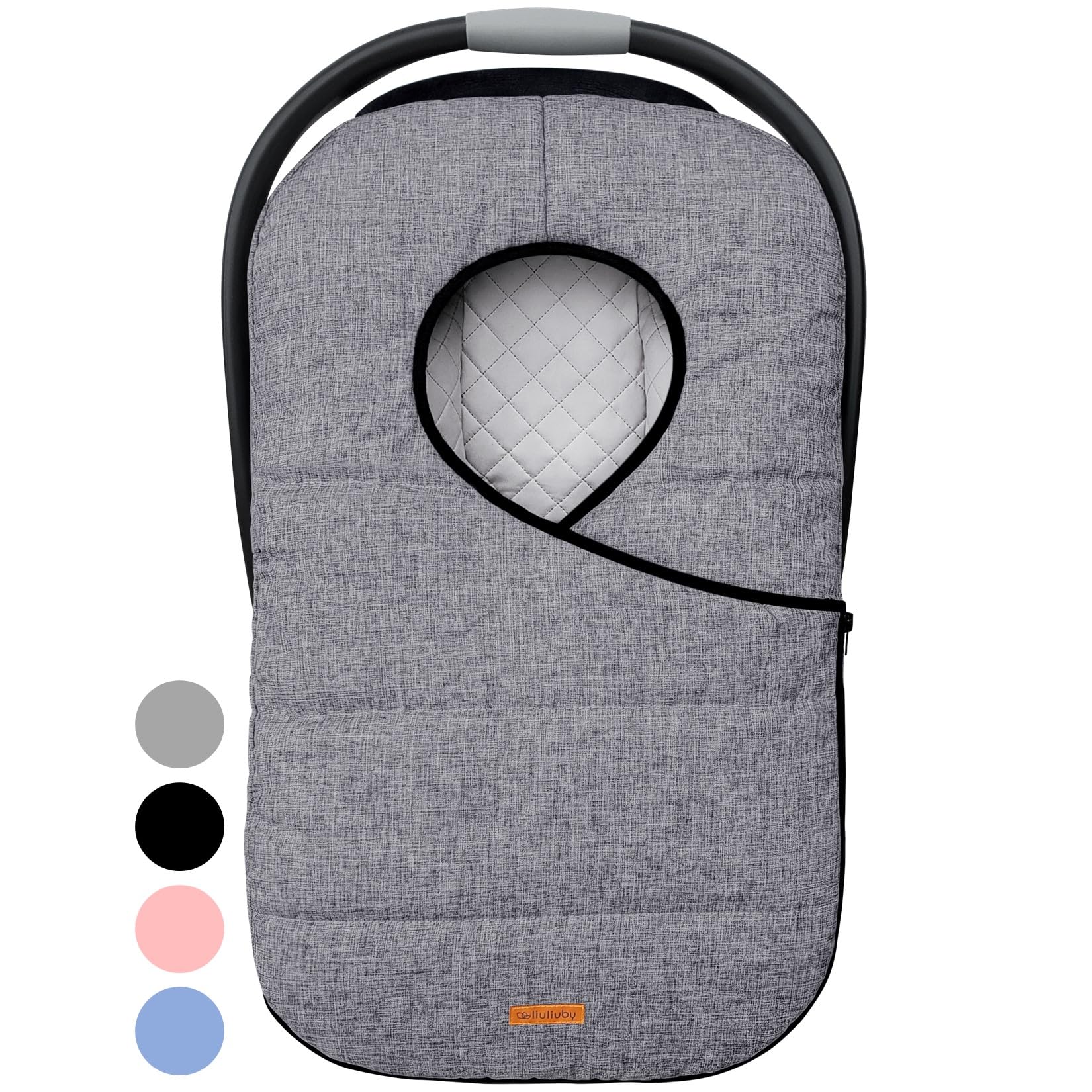 Liuliuby winter carseat cover in gray with weatherproof shell protects baby from wind and rain.