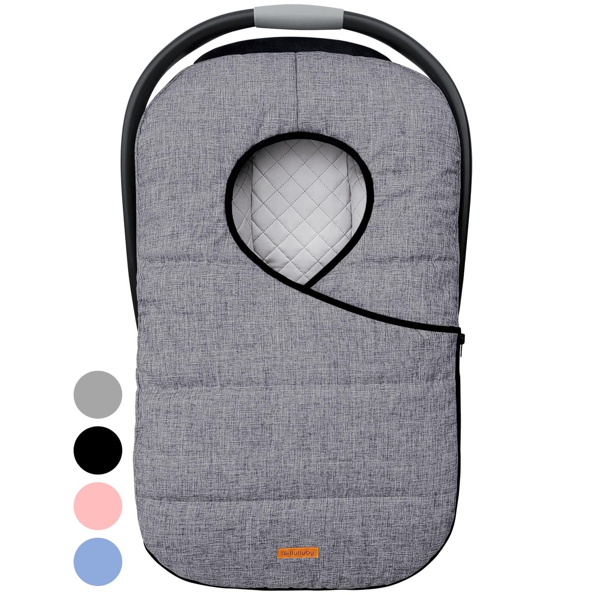 Liuliuby winter carseat cover in gray with weatherproof shell protects baby from wind and rain.