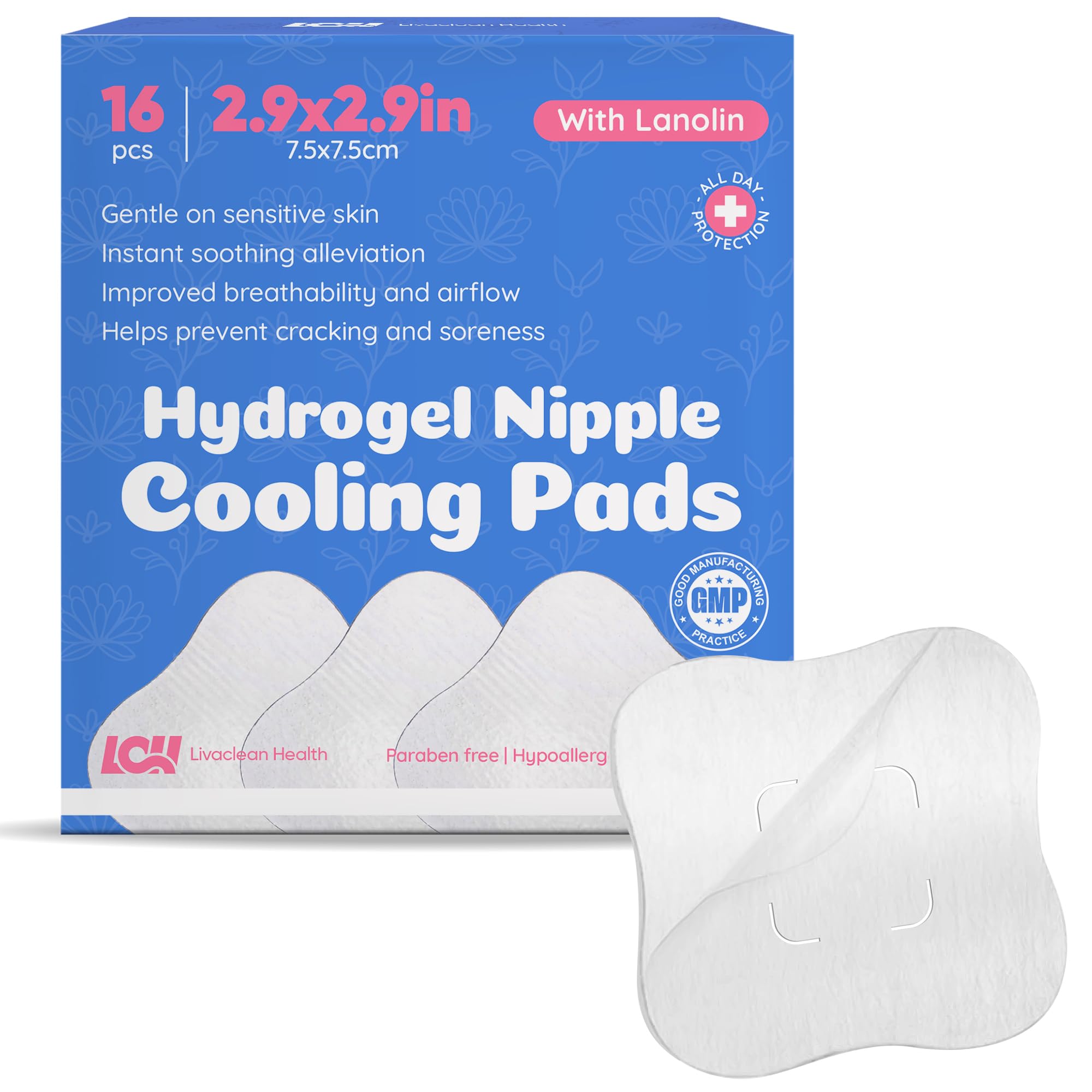 Livaclean Health 16ct hydrogel nipple pads packaging for nursing comfort.