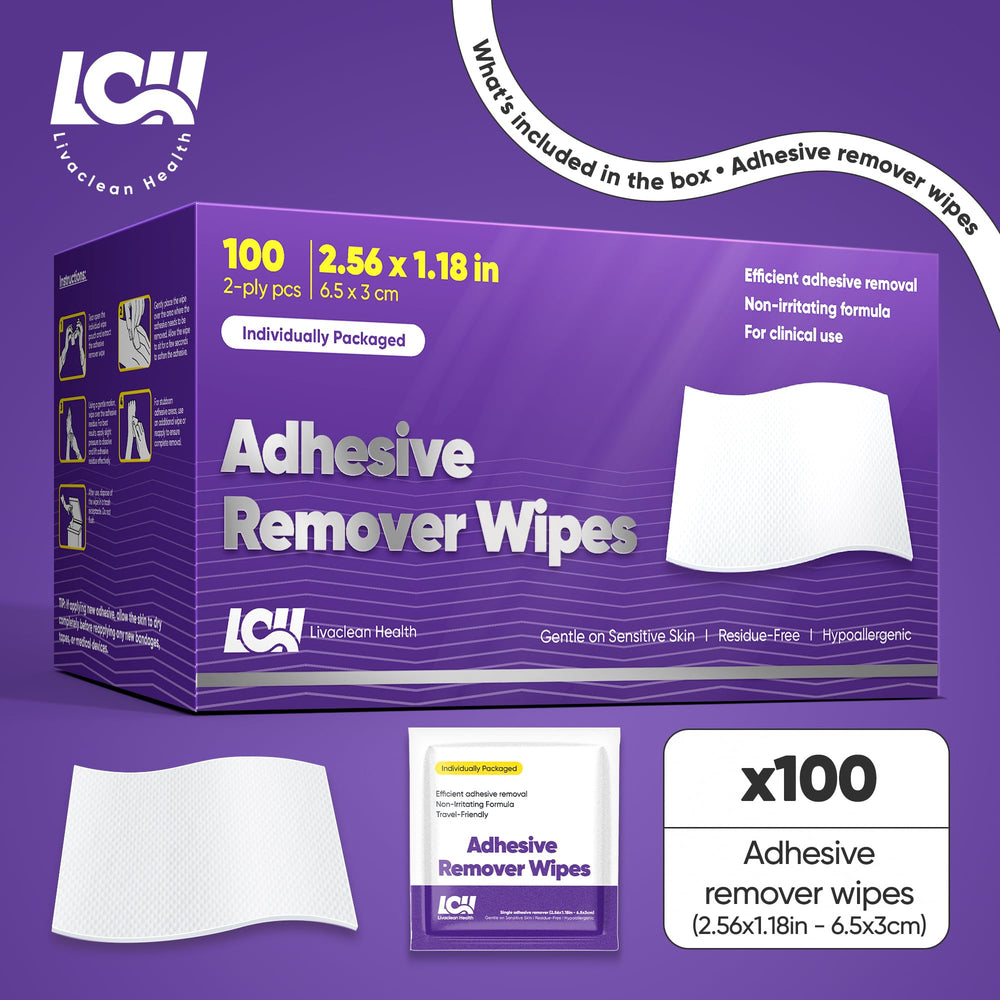Livaclean Health single wipe shown for easy removal of adhesive residues from bandages