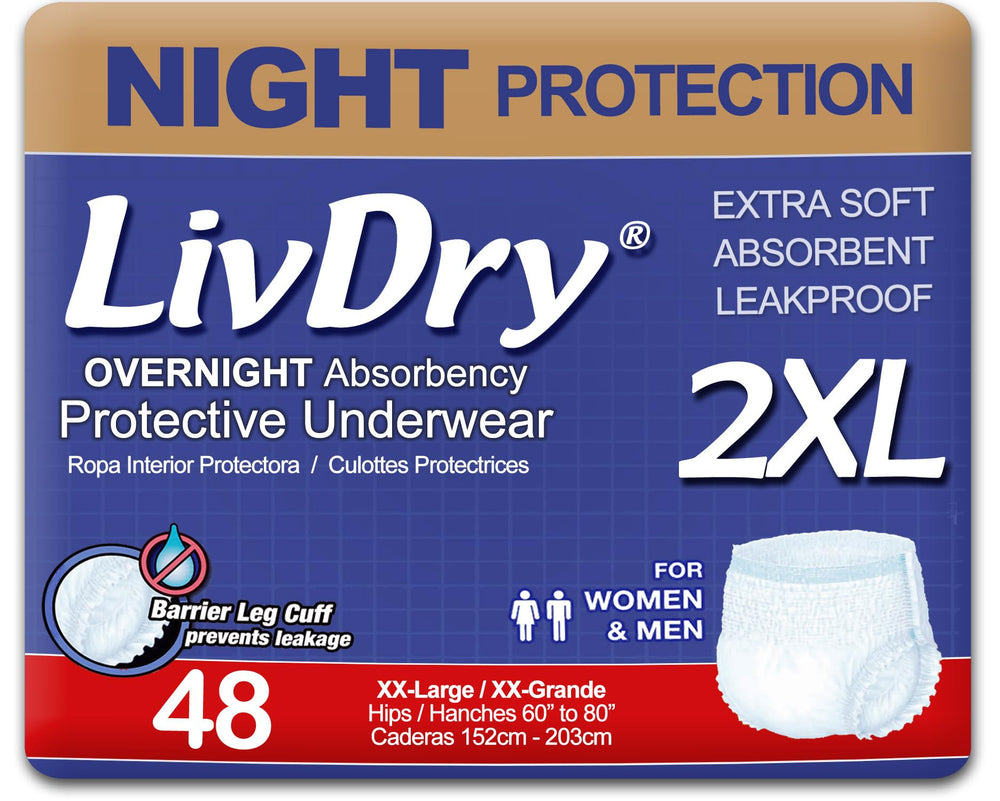 LivDry 2XL Overnight packaging shown for all-night protection