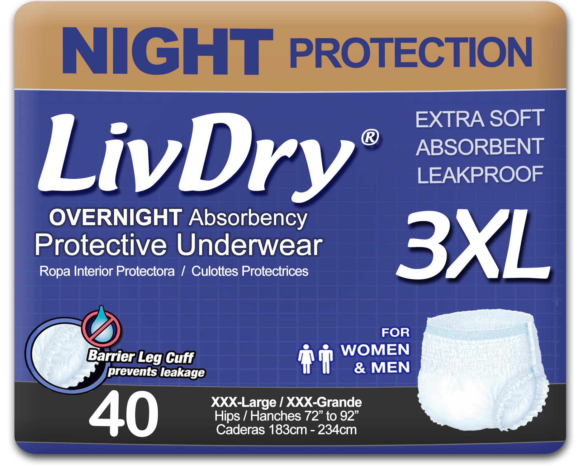 LivDry 3XL overnight diapers front view highlighting soft cloth like material for comfort