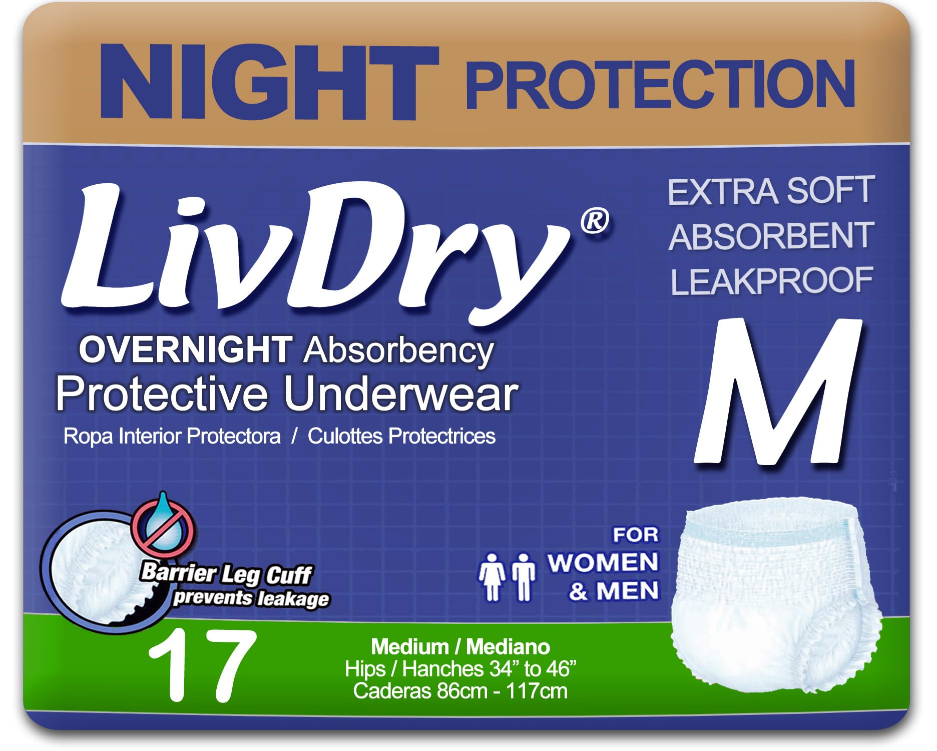 LivDry adult M overnight underwear packaging showing discreet protection for nights