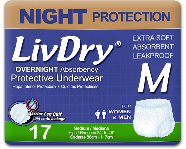 LivDry adult M overnight underwear packaging showing discreet protection for nights