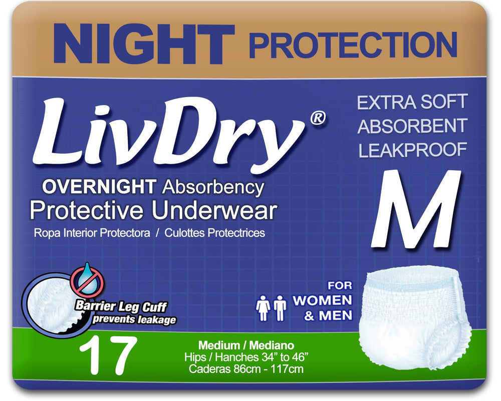 LivDry adult M overnight underwear packaging showing discreet protection for nights