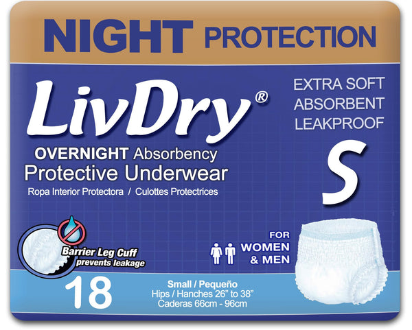 LivDry adult S overnight underwear with protective design for overnight protection and comfort