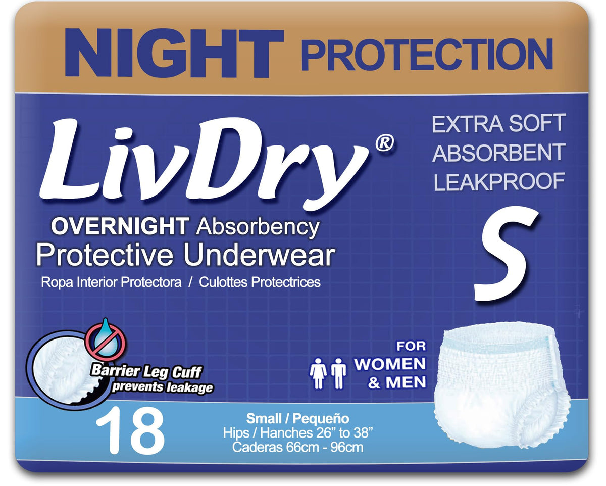 LivDry adult S overnight underwear with protective design for overnight protection and comfort