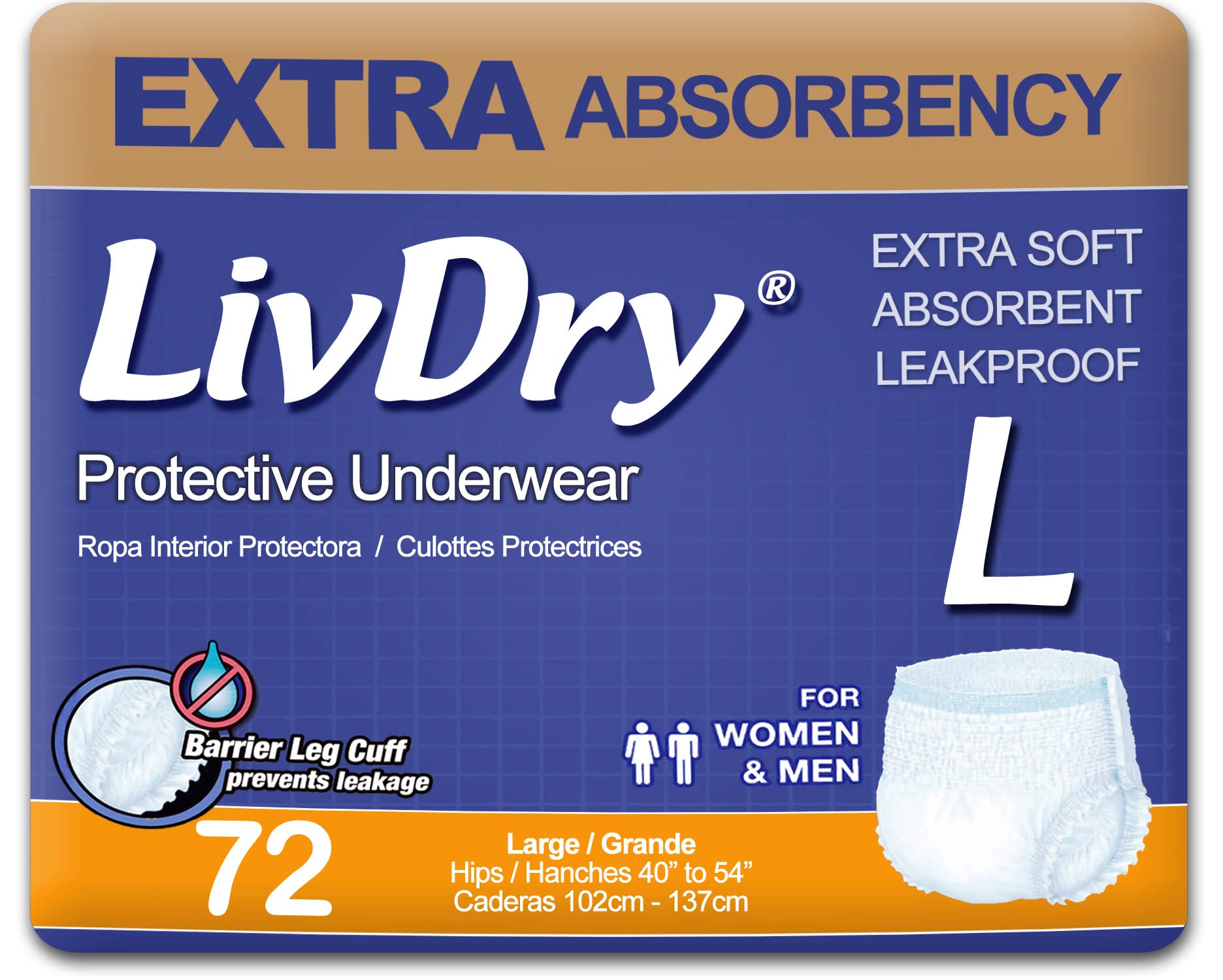 LivDry adult underwear packaging shows a 72-pack for discreet daily protection.