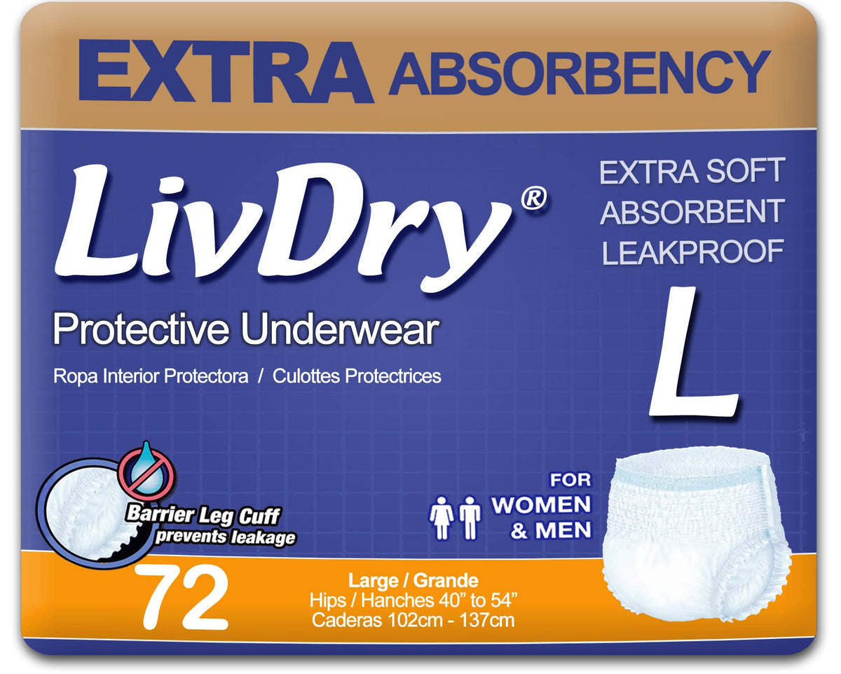LivDry adult underwear packaging shows a 72-pack for discreet daily protection.