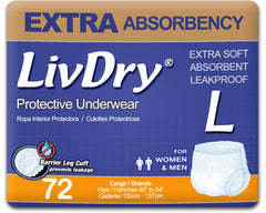 LivDry adult underwear packaging shows a 72-pack for discreet daily protection.