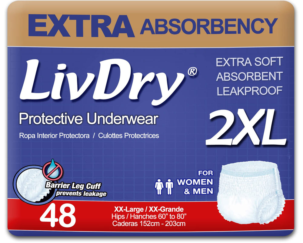 LivDry adult XXL underwear front view in discreet packaging.