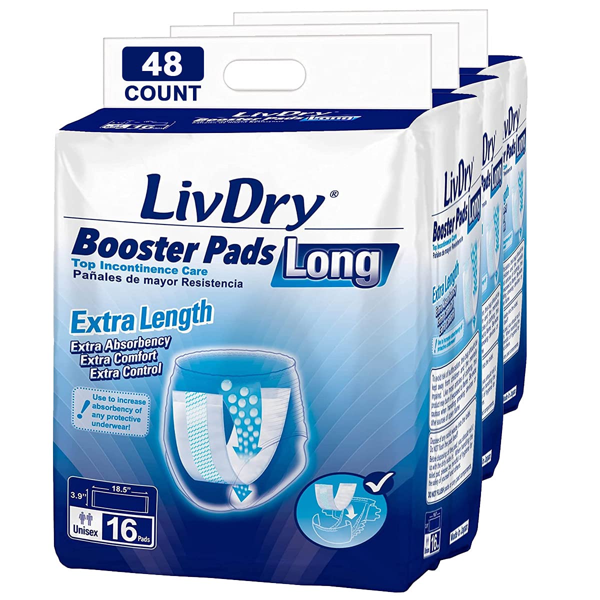 LivDry booster pad with absorbent core for extra protection during daily activities.