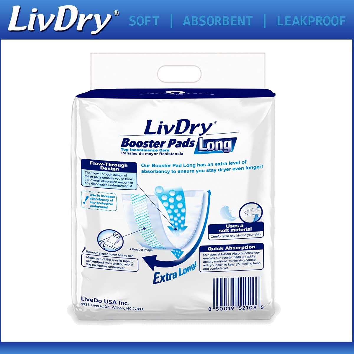 LivDry booster pad showing adhesive strip for secure placement and better fit.