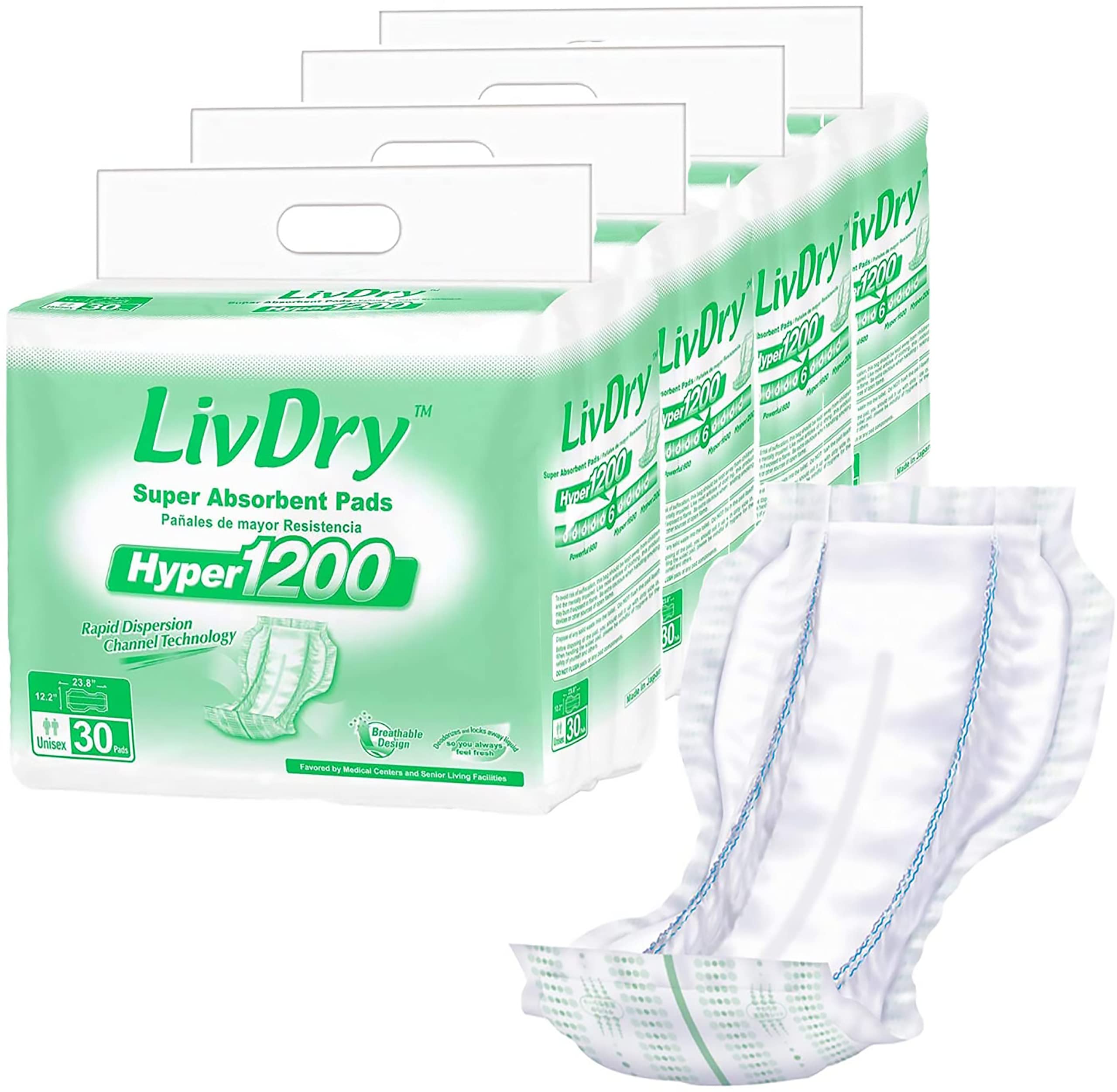 LivDry Hyper 1200 pad front view showing full-length absorbent surface for comfort.