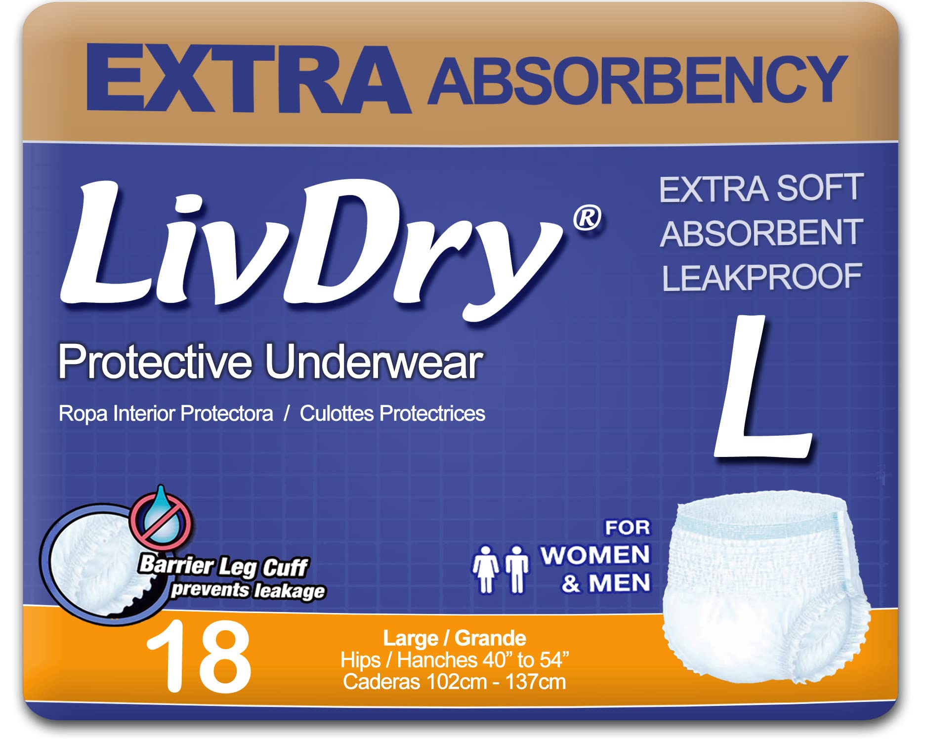 LivDry large 18-pack, front view, discreet daily protection.