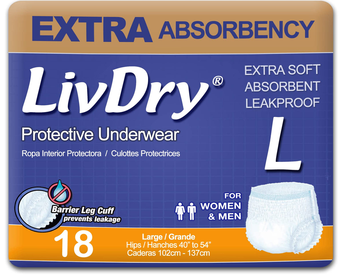 LivDry large 18-pack, front view, discreet daily protection.
