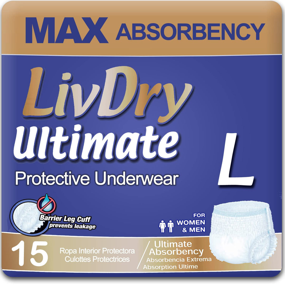 LivDry Large Ultimate underwear front view with discreet pull-on design and high absorbency.