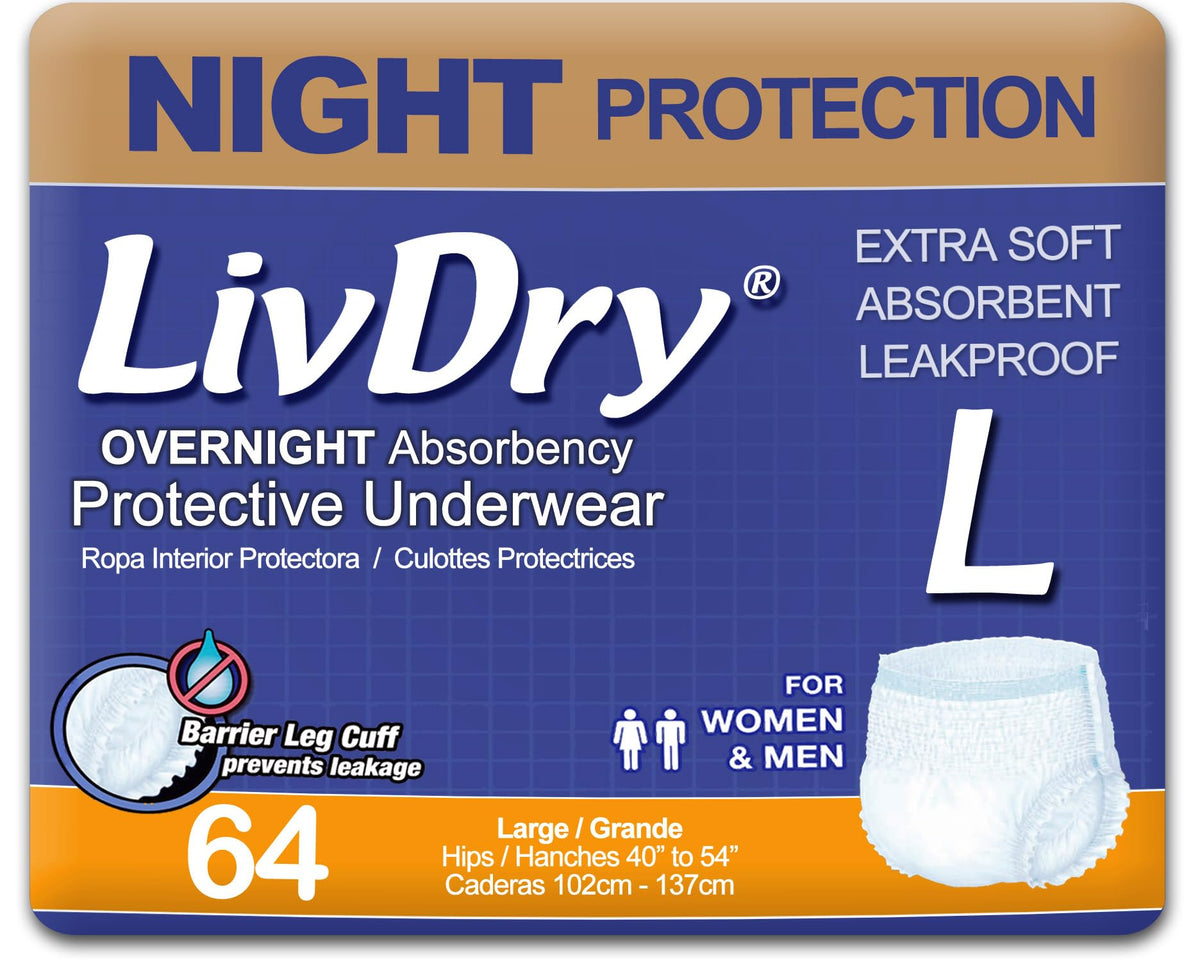 LivDry Overnight Protective Underwear Large 64-count for all-night comfort and protection