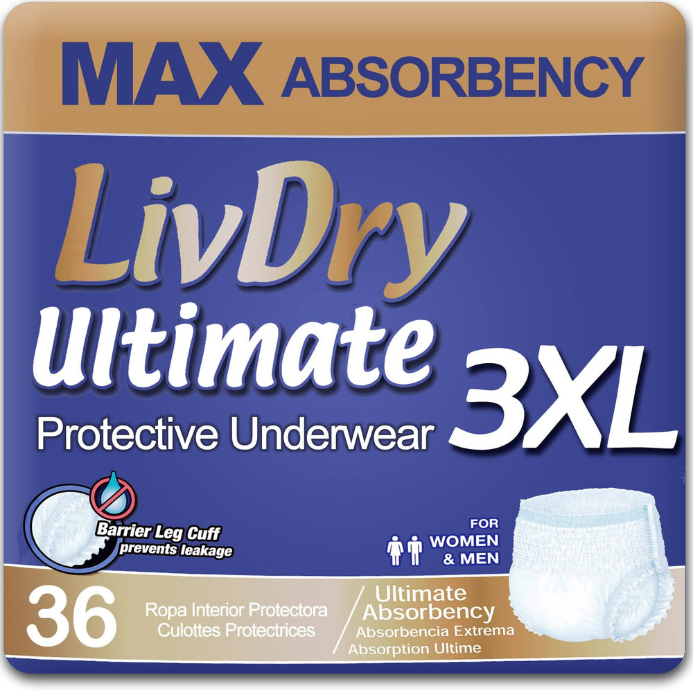 LivDry Ultimate 3XL absorbent underwear with high-capacity core for daytime protection.