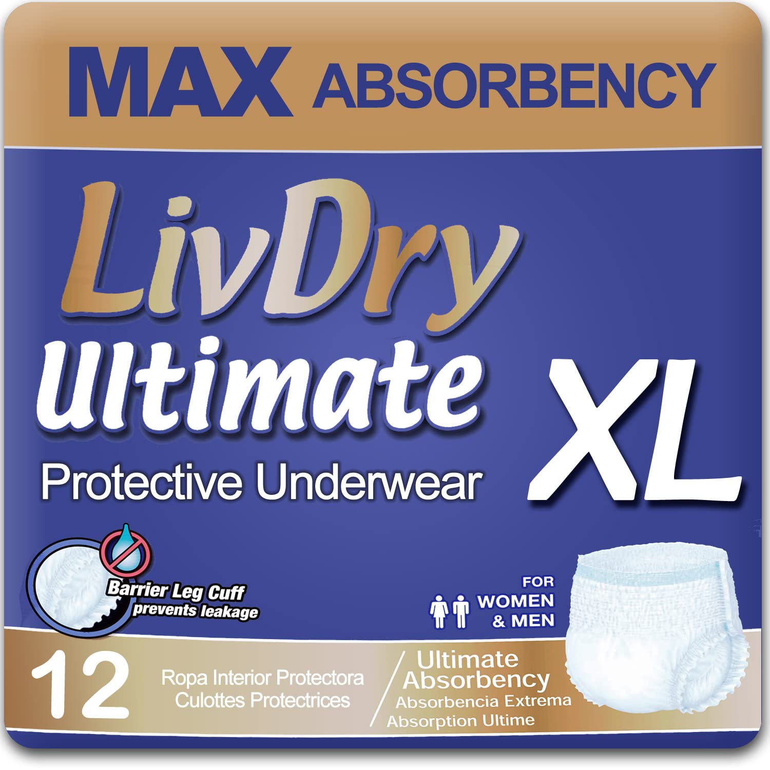 LivDry Ultimate XL diaper front view with protective design for confident wear