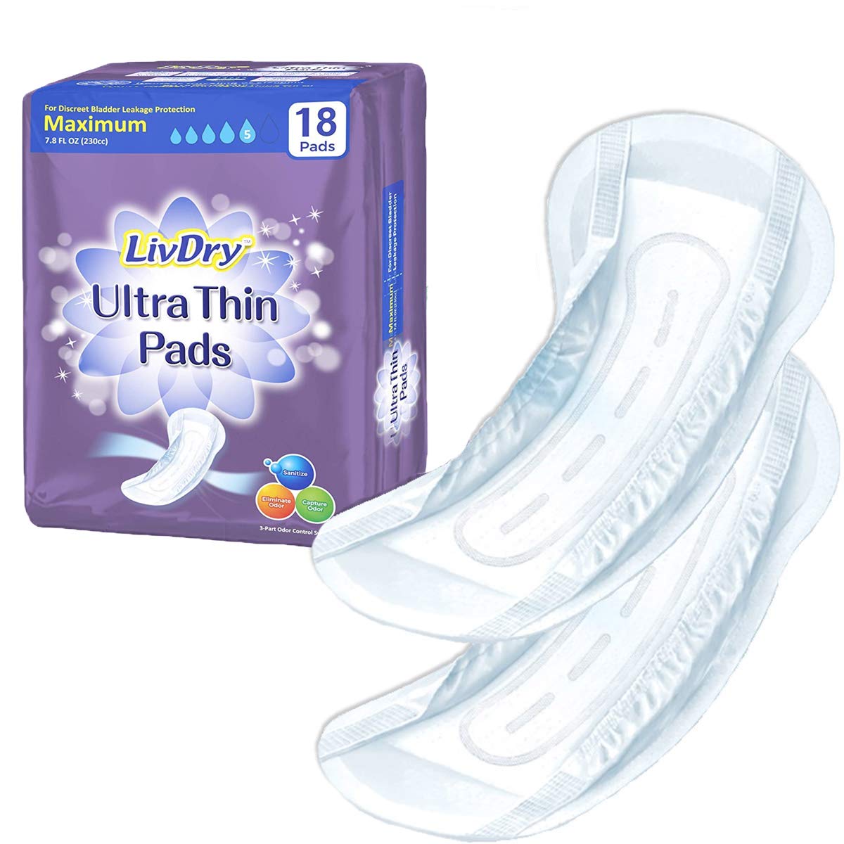 LivDry Ultra Thin Pad packaging showing discreet protection for daily wear.