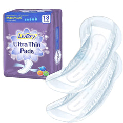 LivDry Ultra Thin Pad packaging showing discreet protection for daily wear.