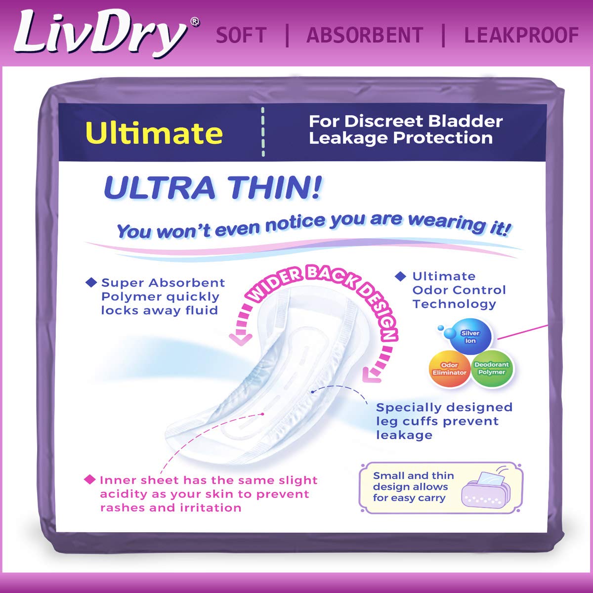 LivDry Ultimate 10-count pack illustrated in compact, discreet packaging