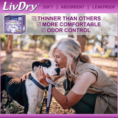 LivDry Ultra Thin Pad with leg cuffs demonstrates leak protection and secure fit