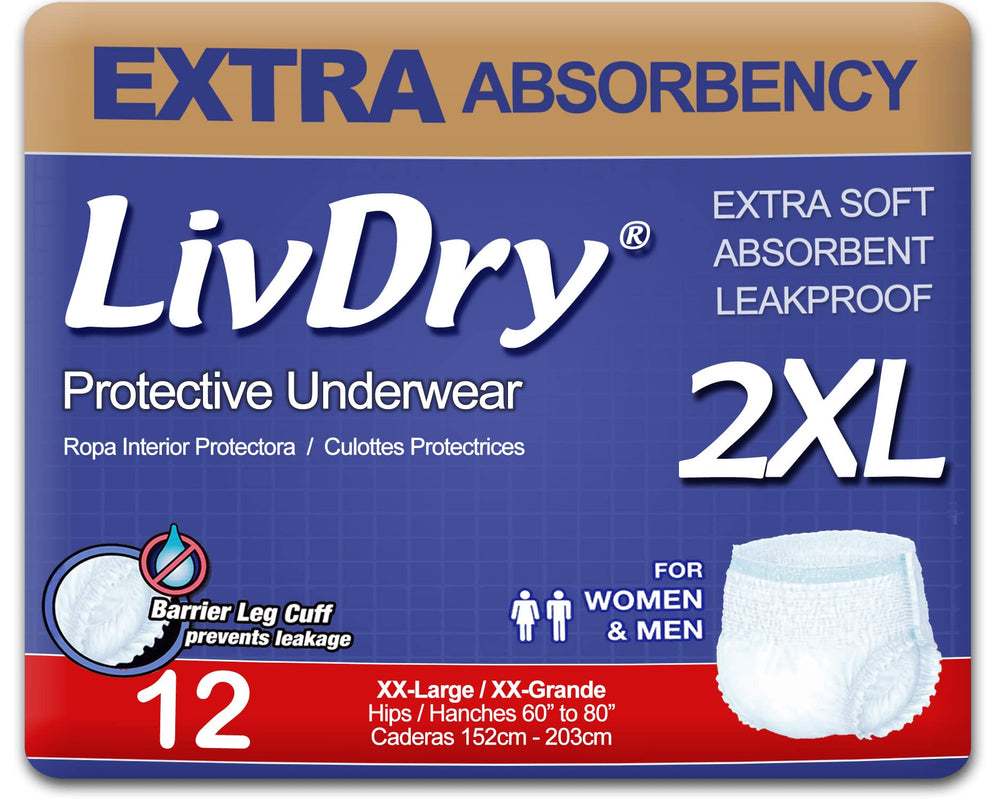 LivDry XXL underwear packaging close-up showing discreet shipping.