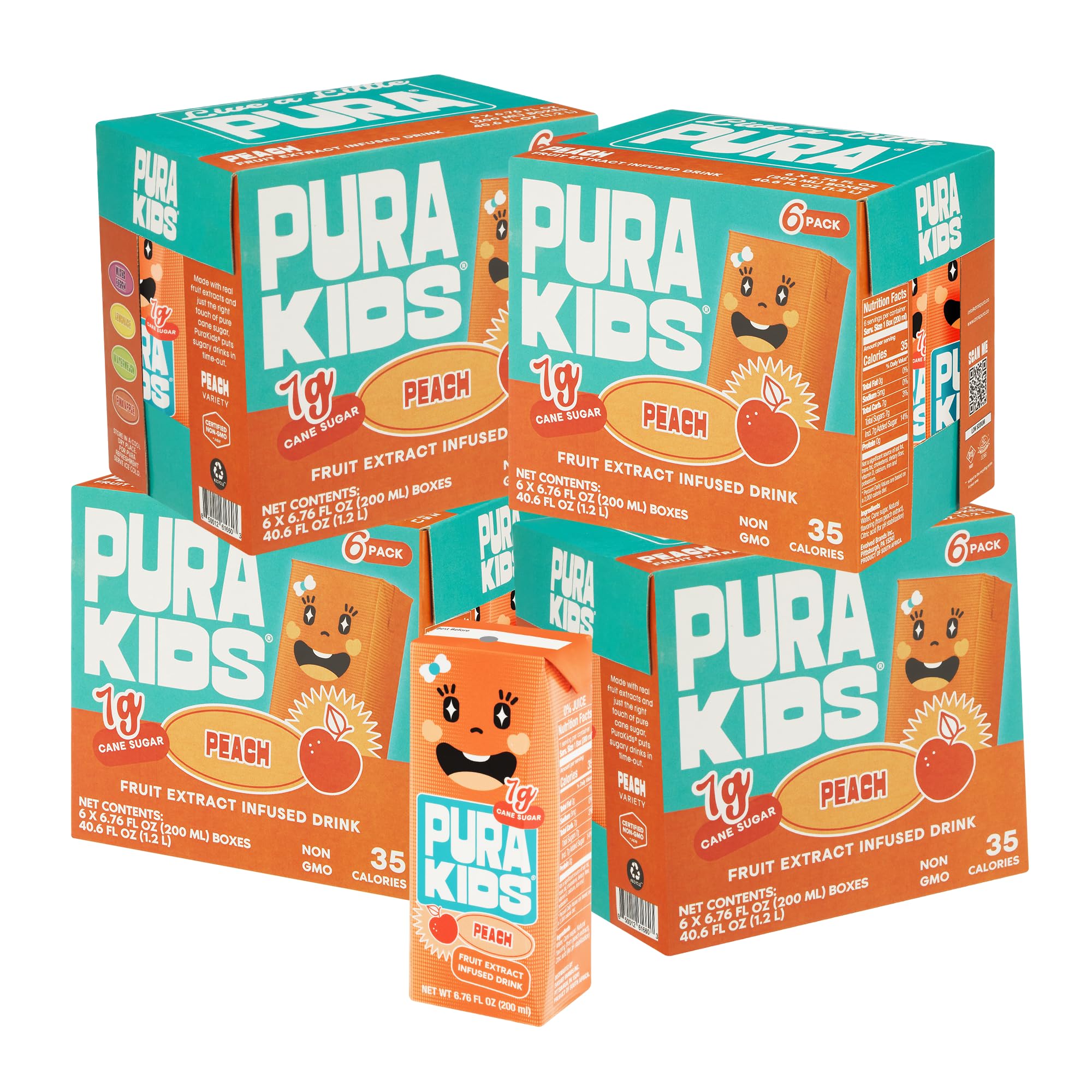 LIVE A LITTLE PURA Peach Kids Box bottle for lunchbox refreshment.