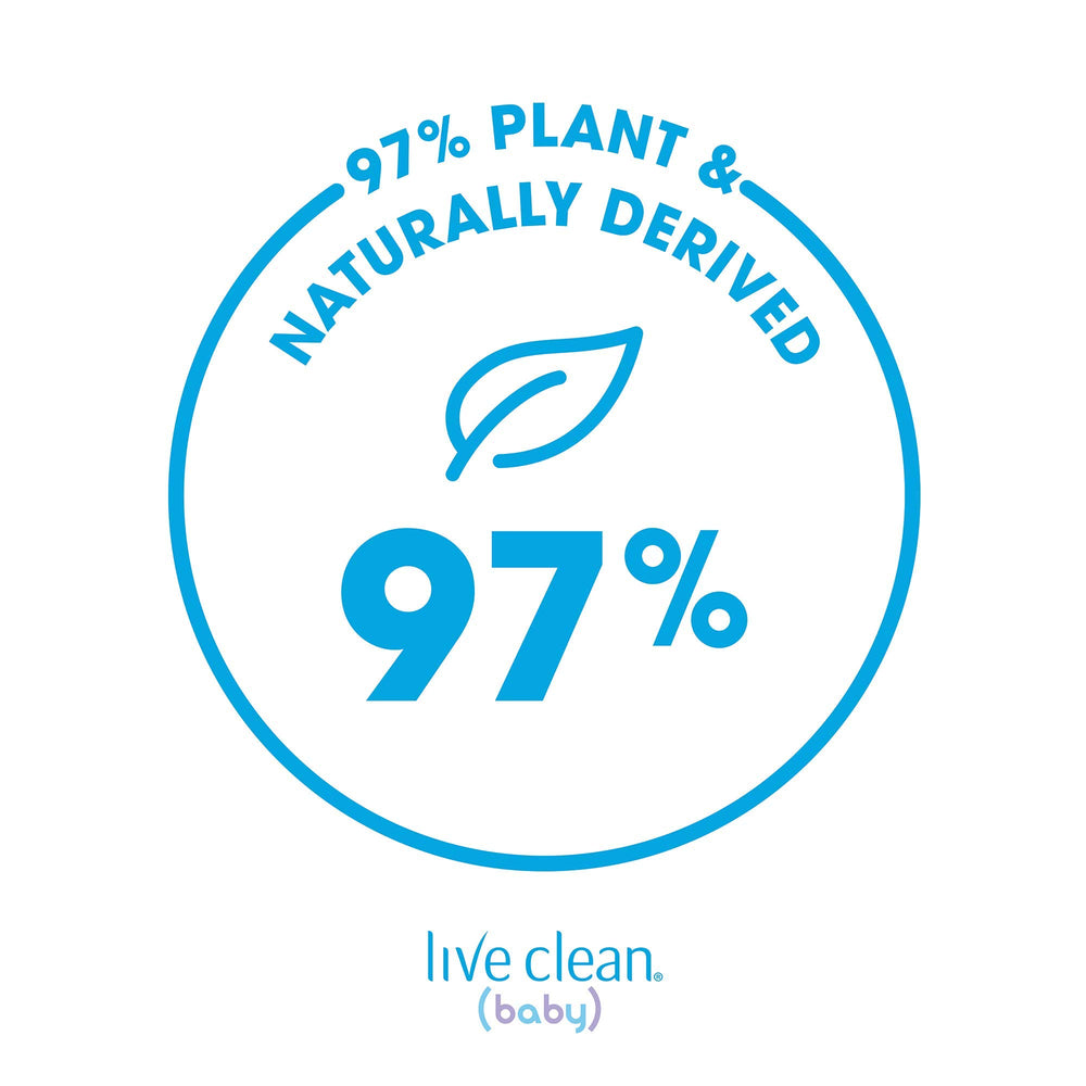 Live Clean Baby Soothing Relief Wash label closeup, safe, dermatologist-friendly formula.