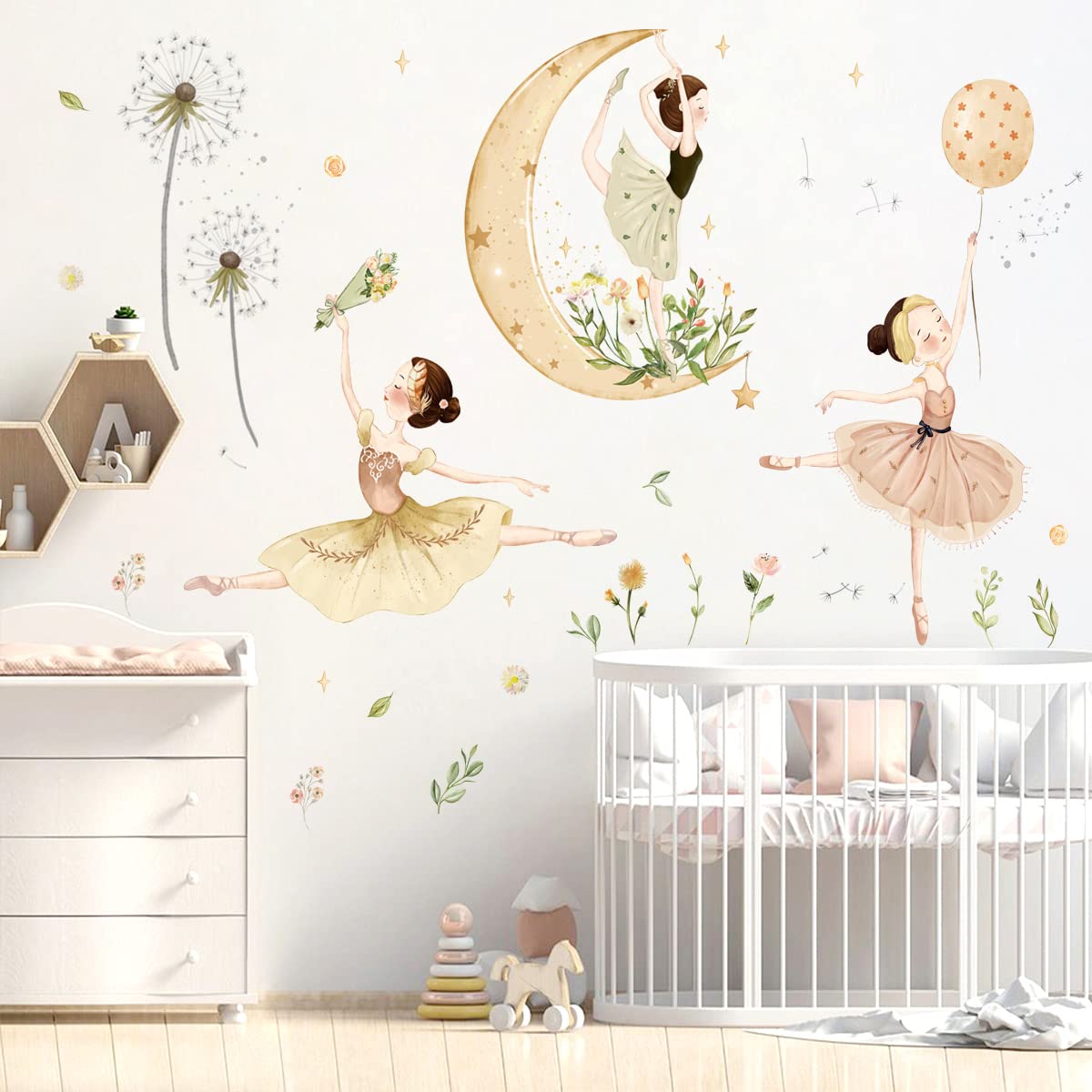 LiveGallery ballet girls moon wall sticker with dandelions for serene nursery decor