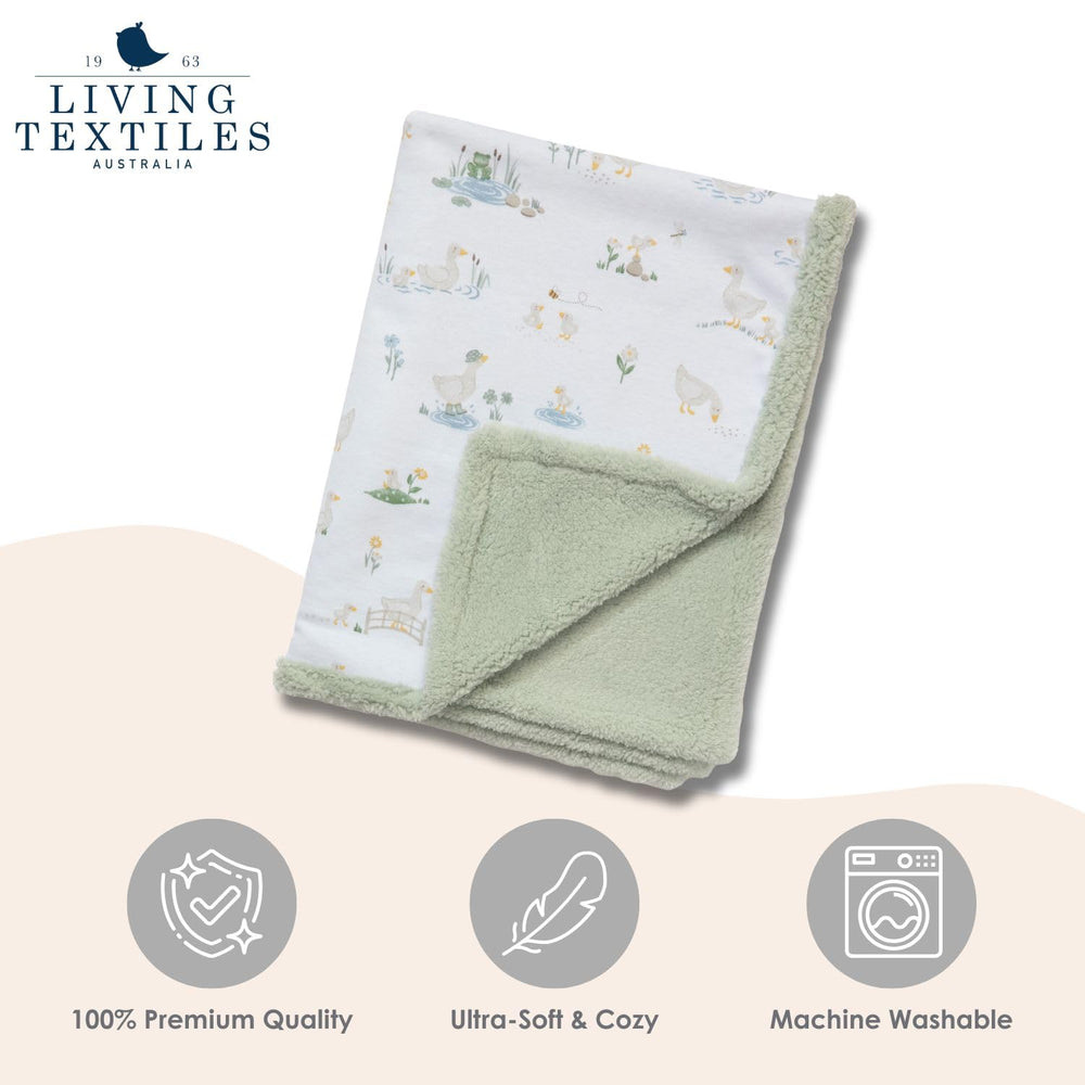 Living Textiles Goosey Goosey sherpa blanket in stroller provides on-the-go warmth