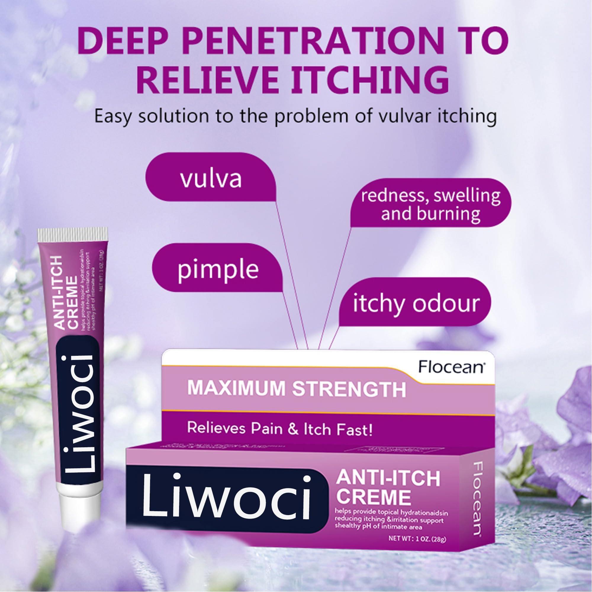 Liwoci Vaginal Anti-Itch Cream tube application demonstrates easy, non-greasy texture