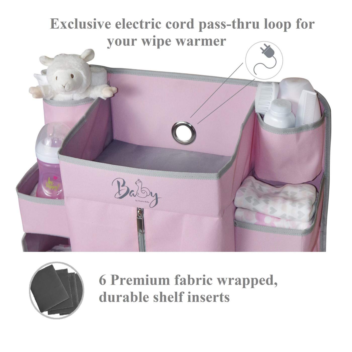 Llama Bella pink crib storage front view keeps blankets and toys within reach
