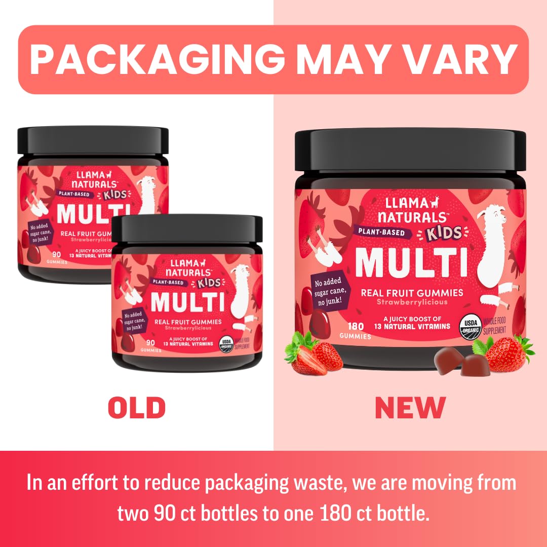 Llama Naturals Kids Multivitamin Gummies soft chews in strawberry flavor.