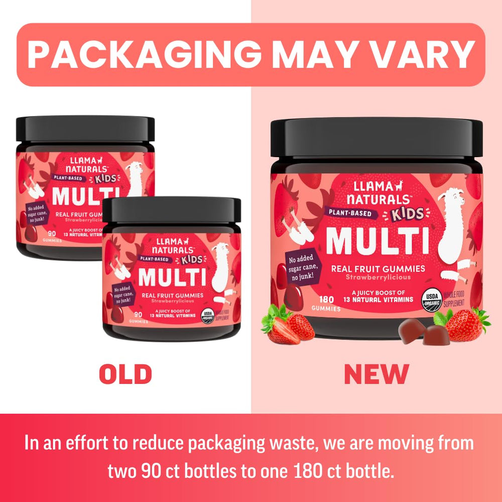 Llama Naturals Kids Multivitamin Gummies soft chews in strawberry flavor.