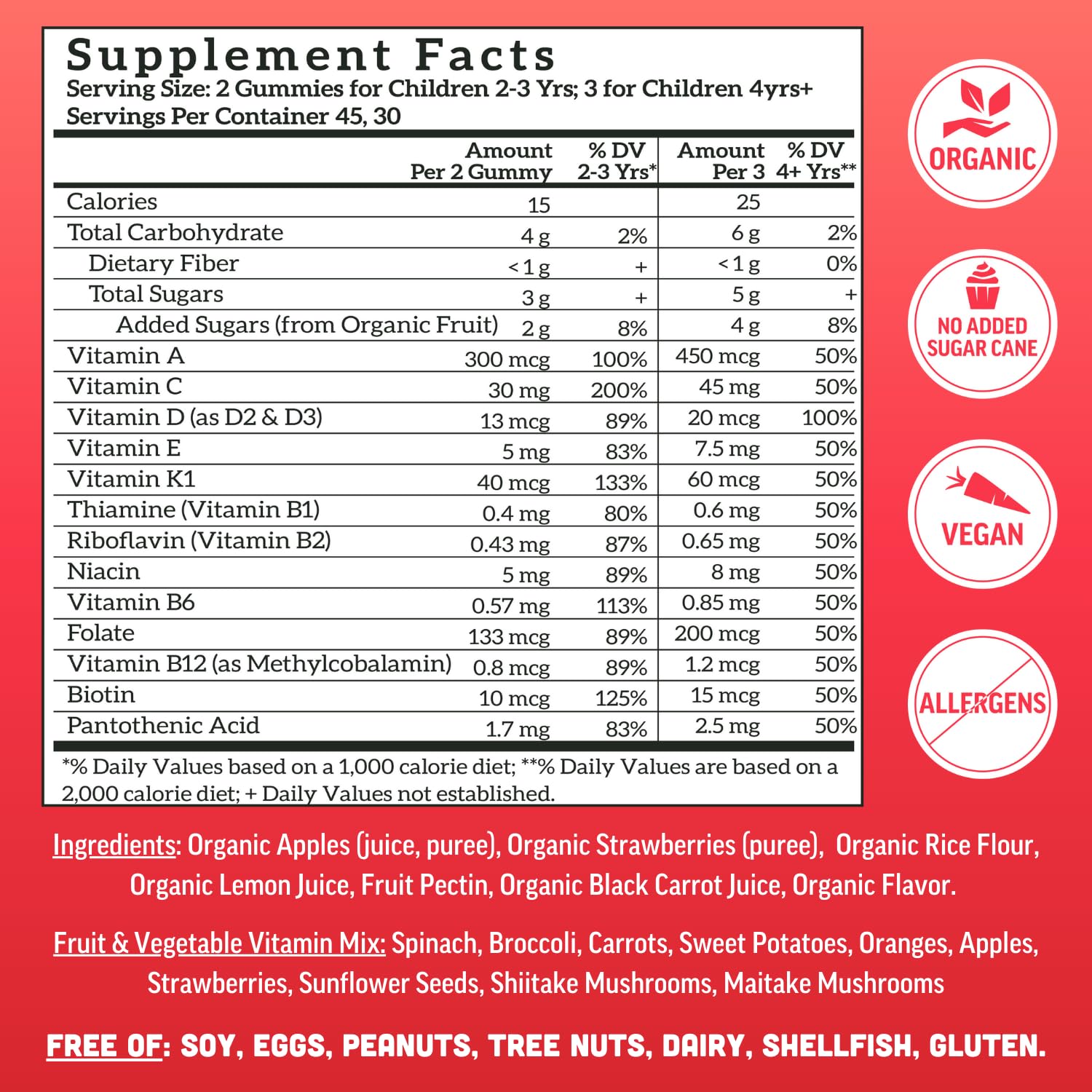 Llama Naturals multivitamin label highlights whole-food vitamin sources.