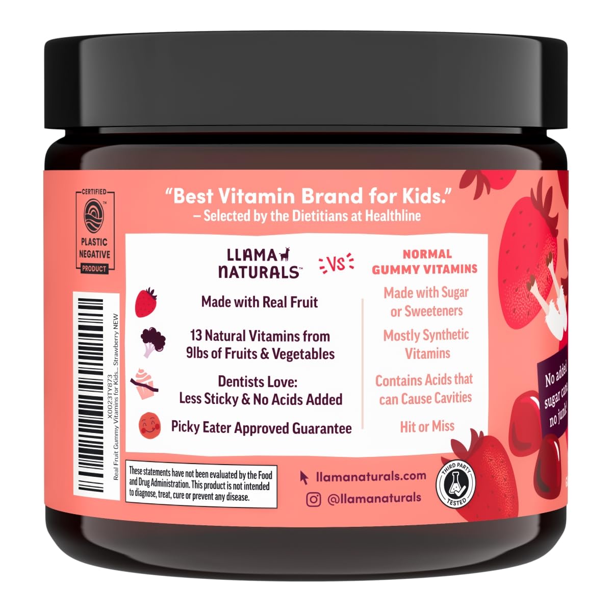 Llama Naturals gummies show vitamin D and beta carotene from whole foods.