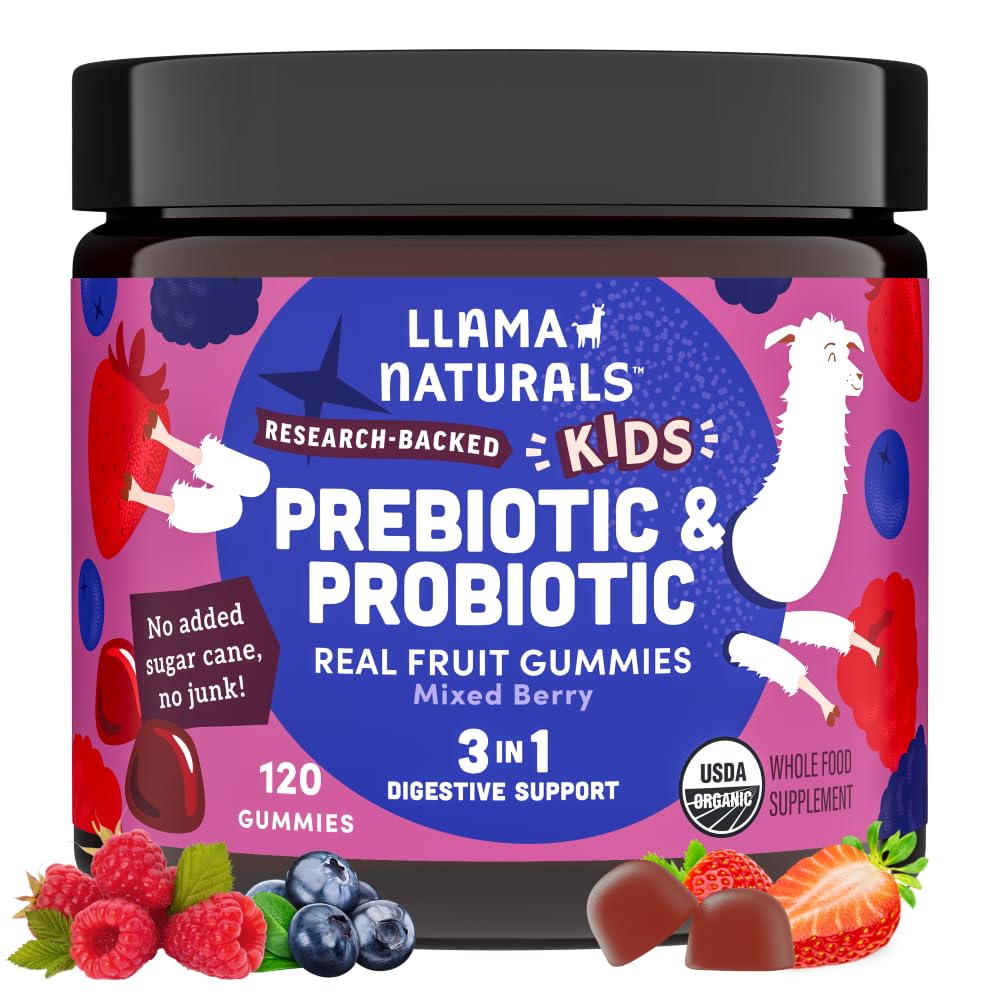 Llama Naturals kids probiotic bottle with chewable gummies for daily gut support