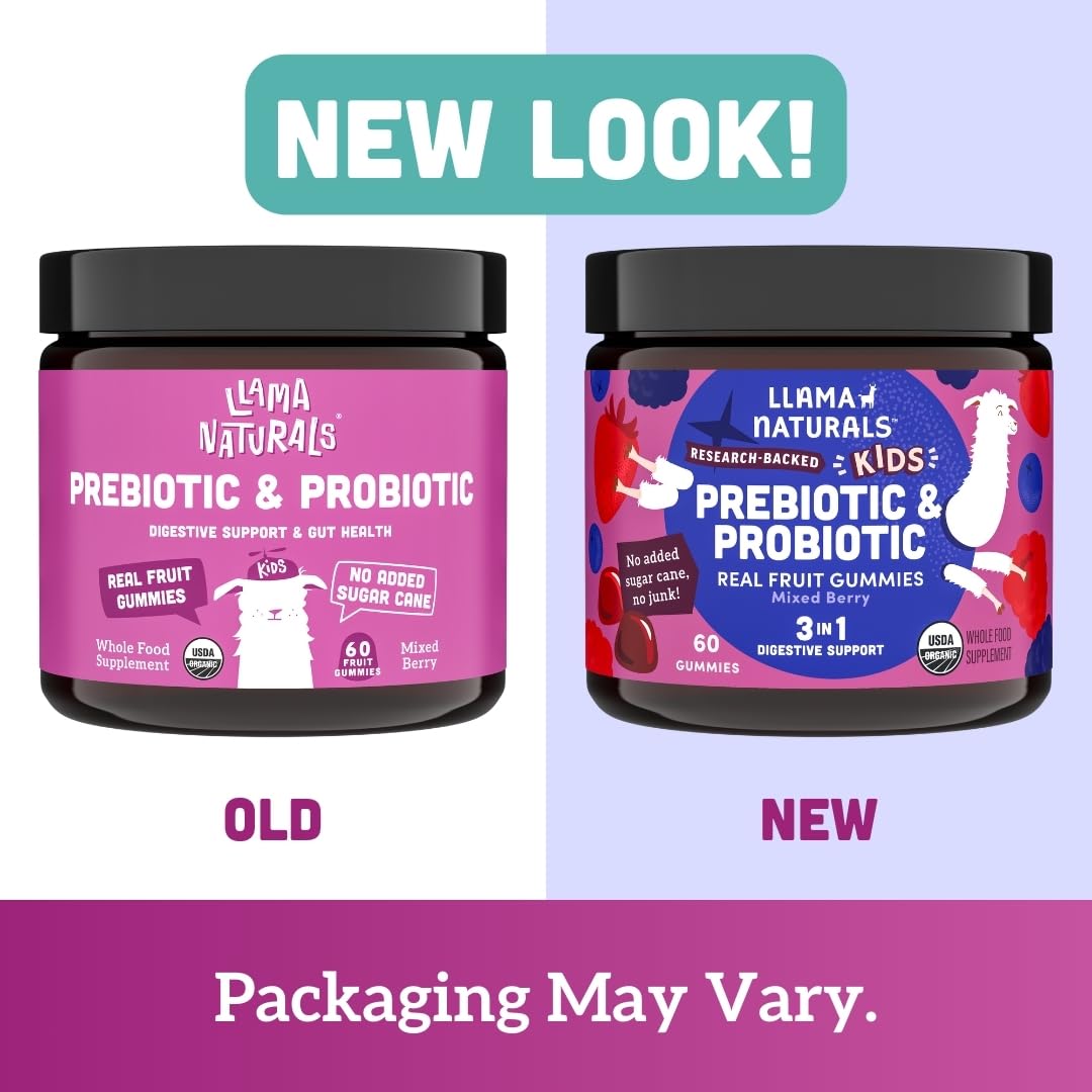 Llama Naturals mixed-berry gummies shown with kid-friendly packaging