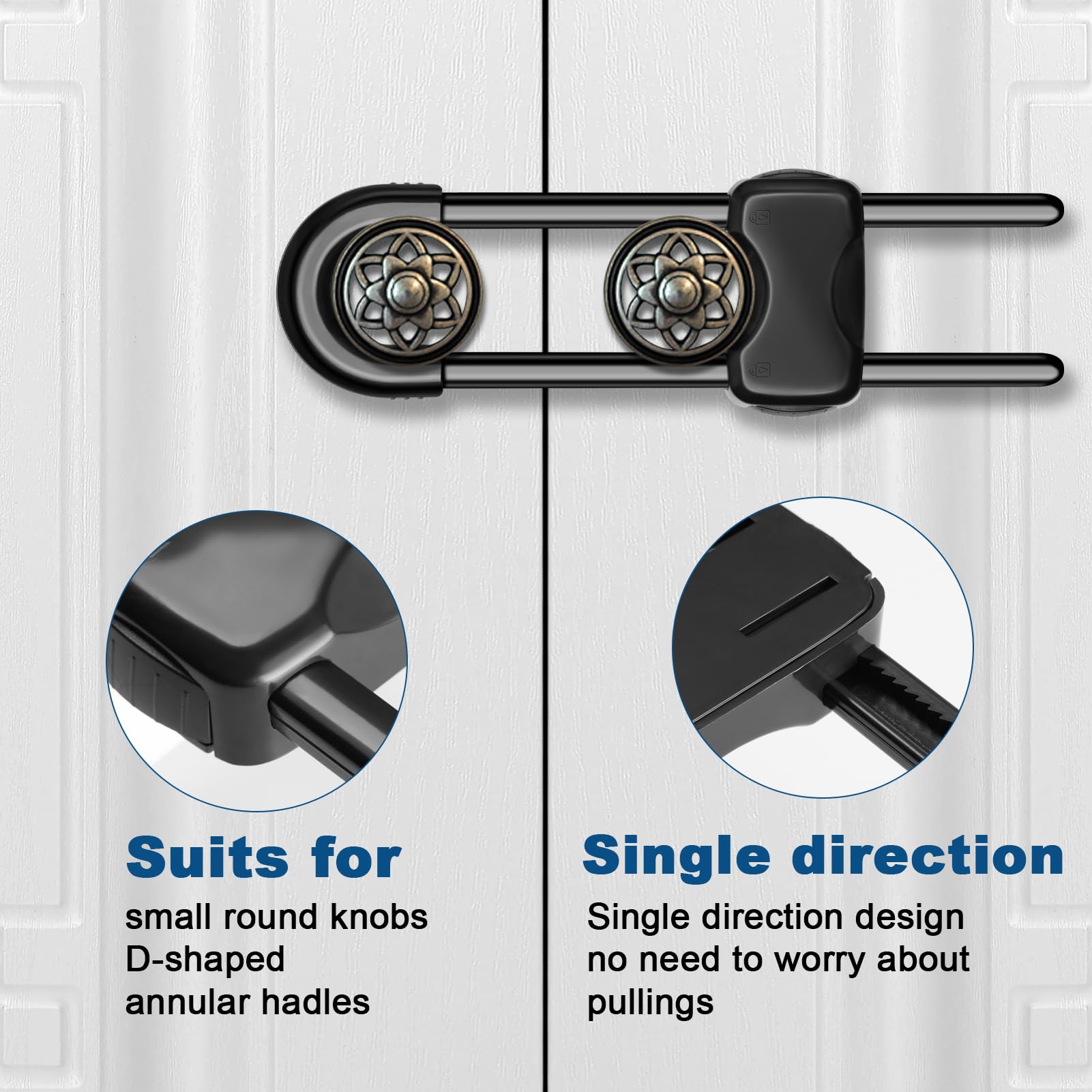 LLOOC cabinet locks securing a cabinet handle to prevent curious access.