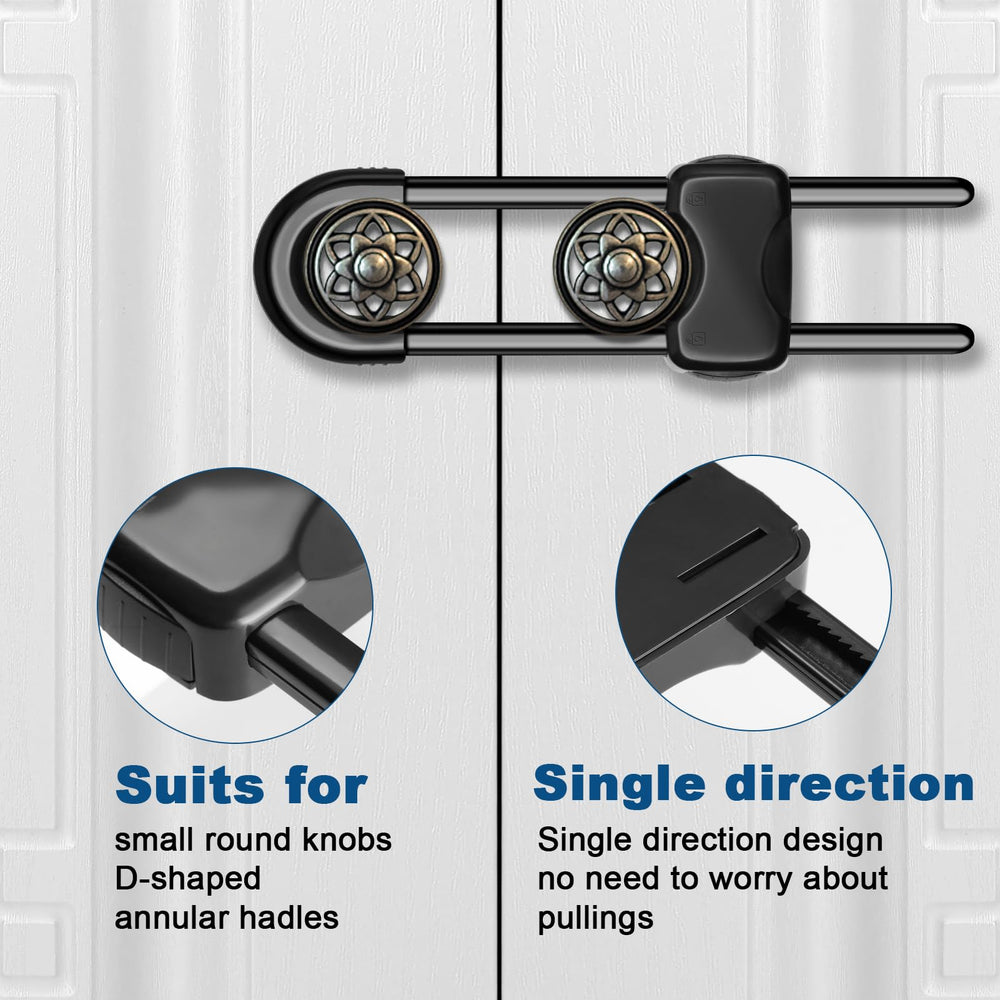 LLOOC cabinet locks securing a cabinet handle to prevent curious access.