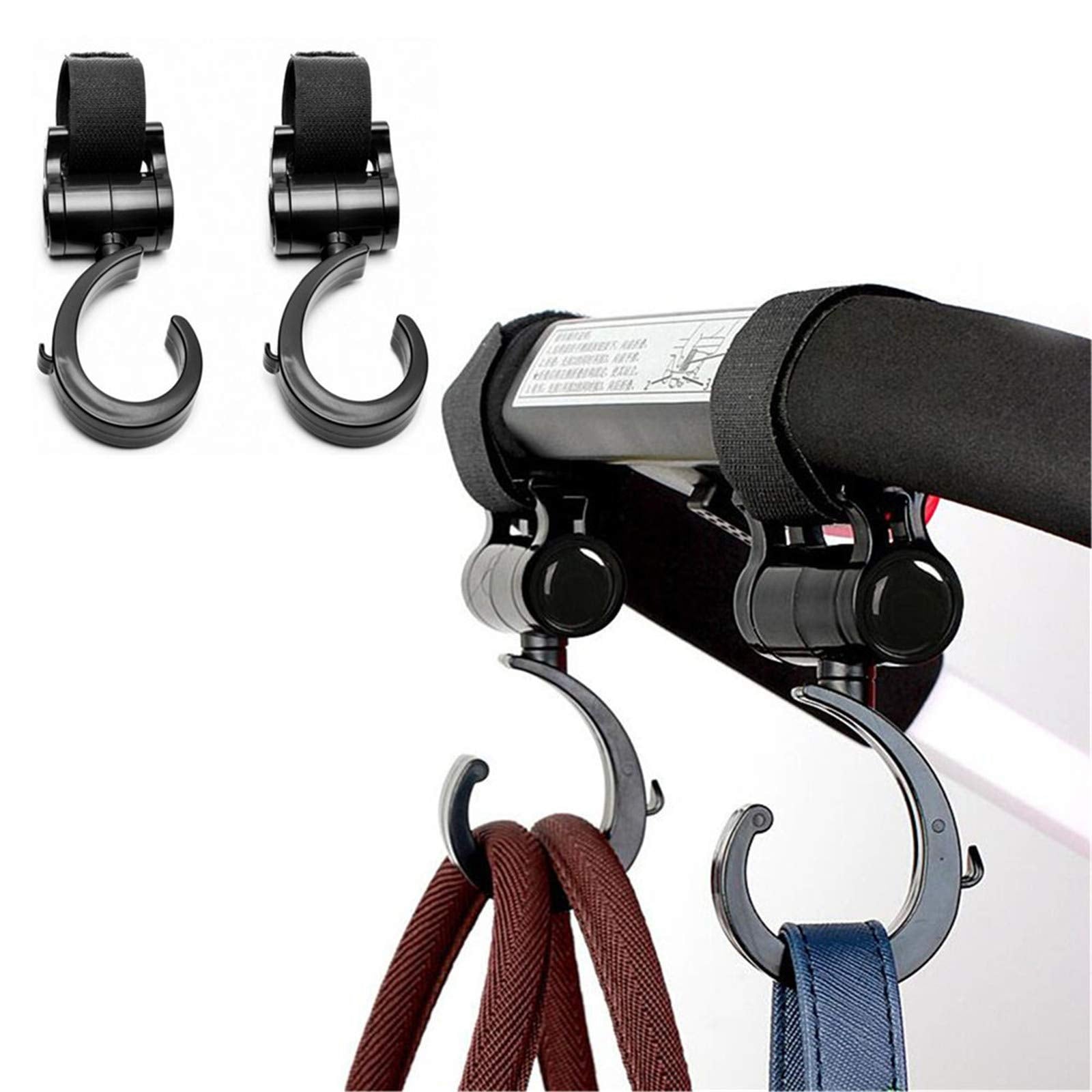 LLUFO stroller hooks pack of 2 black hanging a diaper bag on a stroller.
