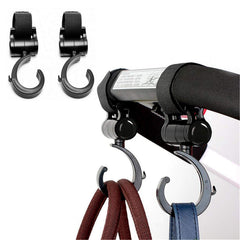 LLUFO stroller hooks pack of 2 black hanging a diaper bag on a stroller.