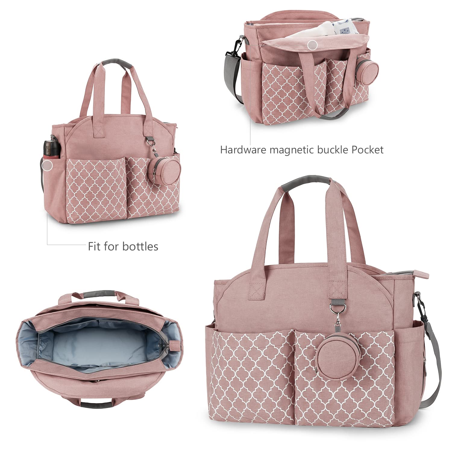 Lmbabter Diaper Bag Tote pink inside layout with compartments