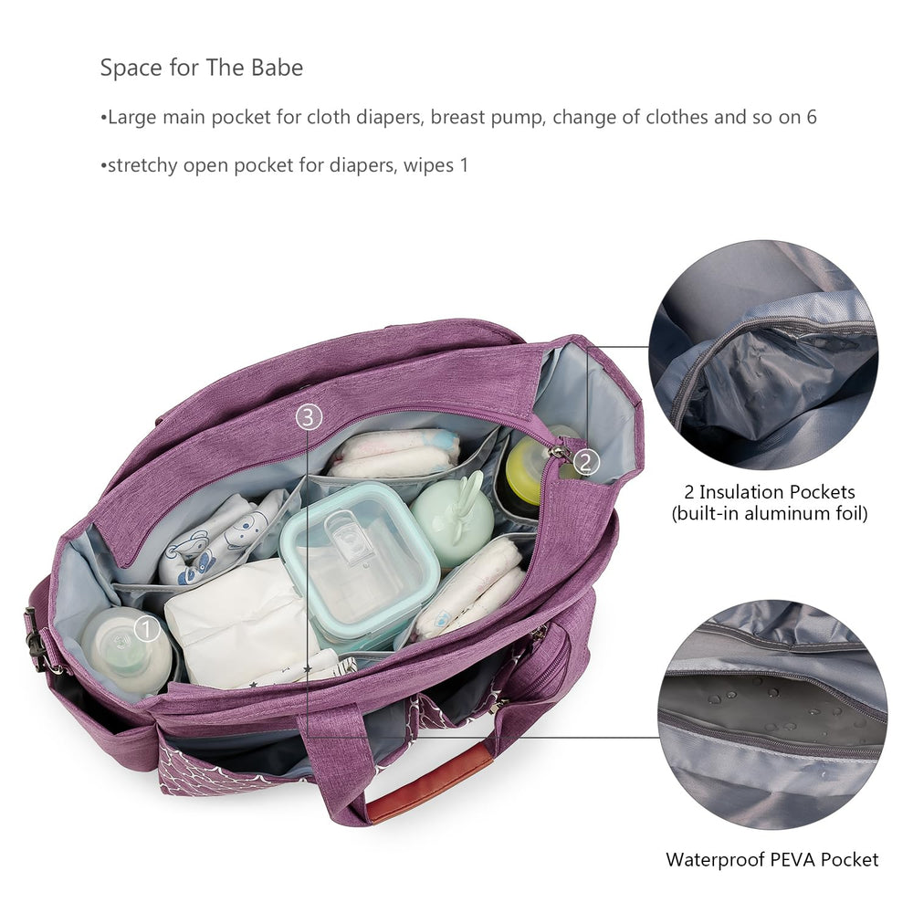 Lmbabter tote side pocket detail, easy reach for tissues or water on-the-go.